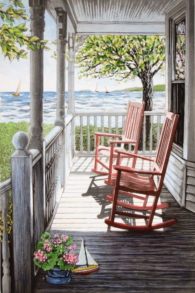 Front porch, ocean view, sailboat, rocking chair