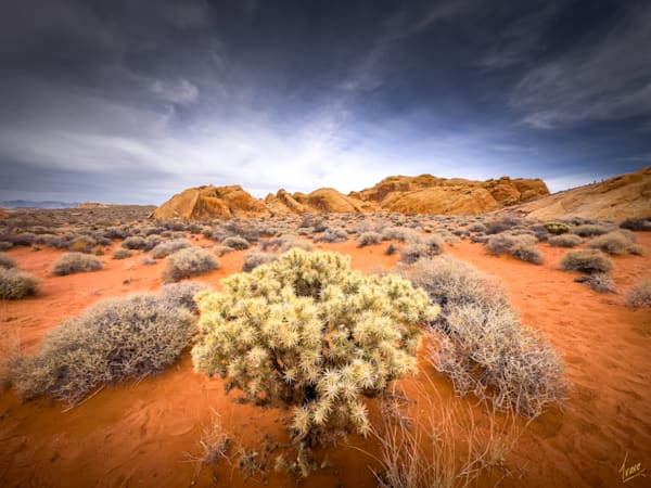 Vibrant Red Sands and Rocky Formations in Desert Artwork