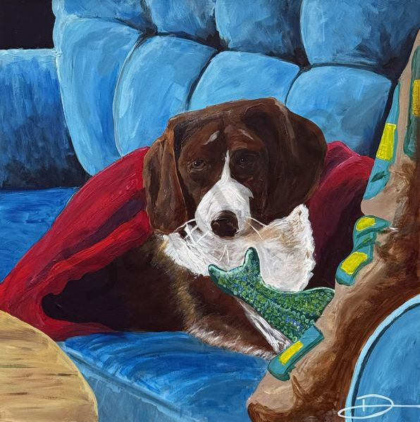 Sad Puppy with Toy Fish - Cozy Dog Artwork