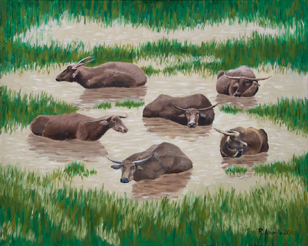 Carabaos On Water Art | Paintings by Rolly Abarilla
