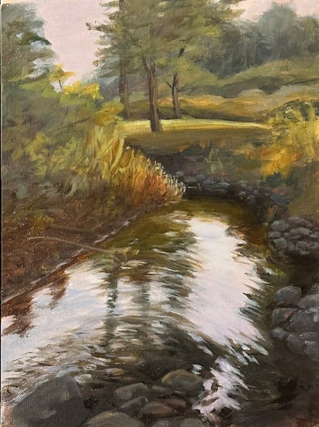 The Brook Flowing Into Golden Horizon Original Art Art | Dana Uzwiak Art