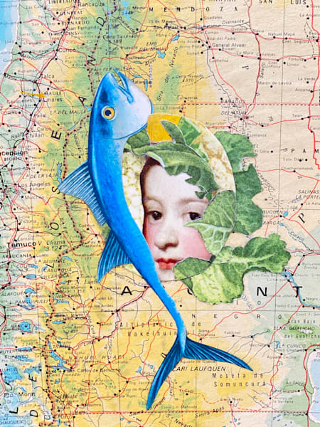 Blue Fish with Child – Whimsical Collage Art