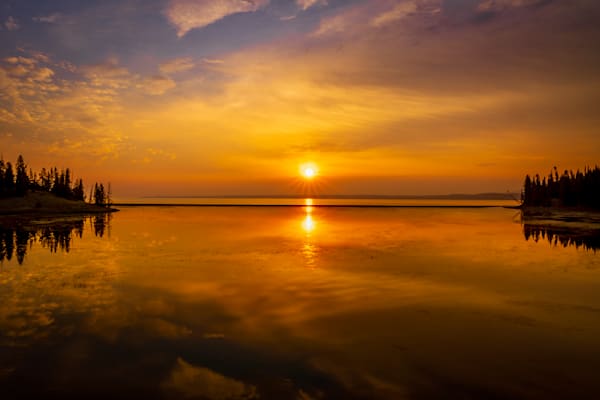 Yellowstone Lake At Day’s End — A Glassy Horizon Of Golden Light And Pine Shadows Photography Art | Harry Beugelink Photography