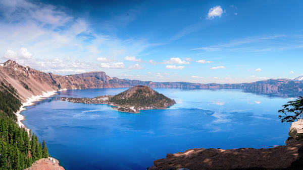 Crater Lake Stillness — A Deep Blue Bowl Of Water And Rim Of Snowlit Stone Photography Art | Harry Beugelink Photography