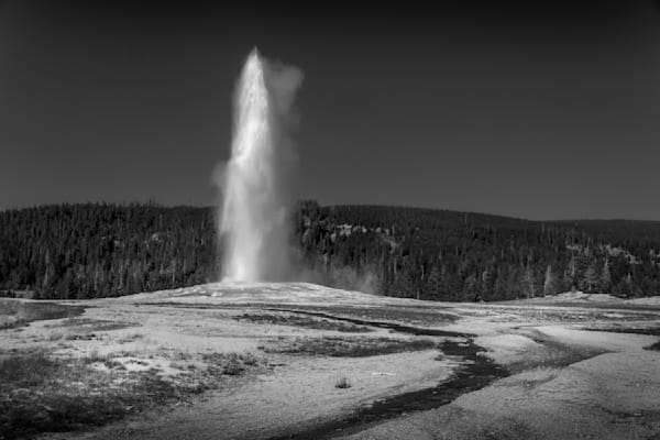 Old Faithful In Black And White — A Quiet Eruption Of Steam And Sky Photography Art | Harry Beugelink Photography