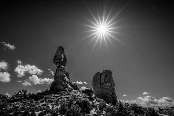 Sunrays over Balanced Rock in Arches National Park