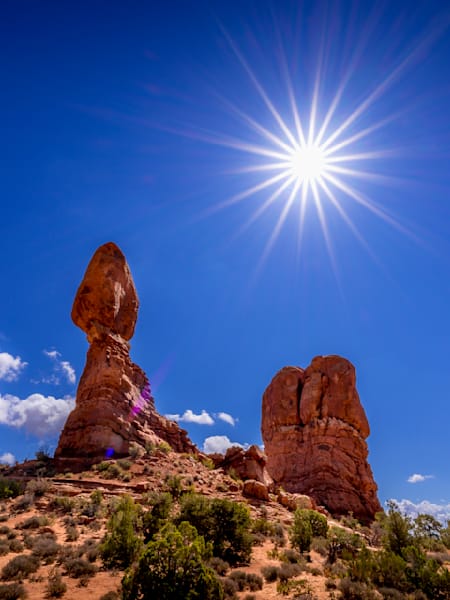 Sunrays over Balanced Rock in Arches National Park