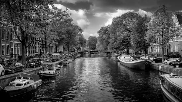 Canal Scene in Historic Amsterdam in Black and White