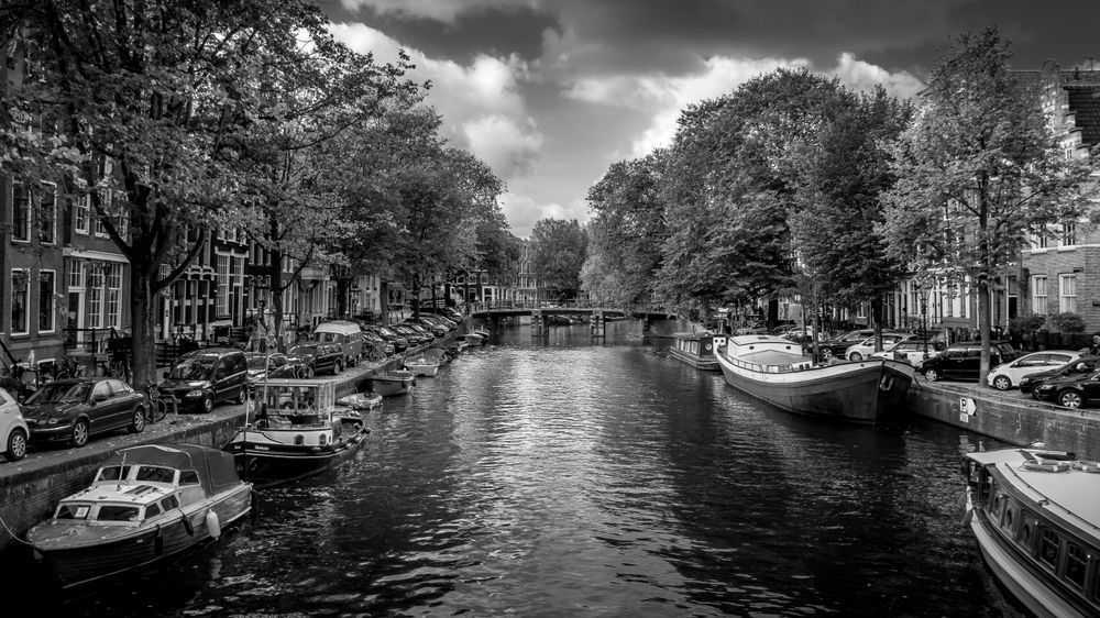 Canal Scene in Historic Amsterdam in Black and White