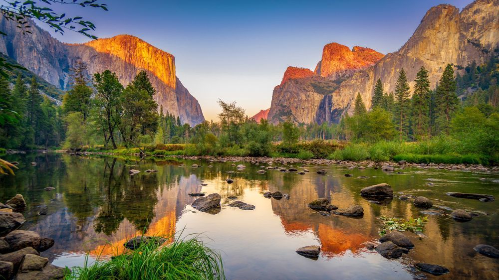 El Capitan and Cathgedral Rocks in Yosemite Reflecting in the merced River at Sunset