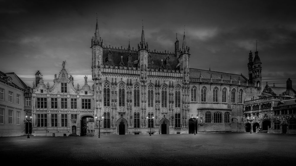 Majestic City Hall on Historic Burg Square in Bruges, Belgium in BW