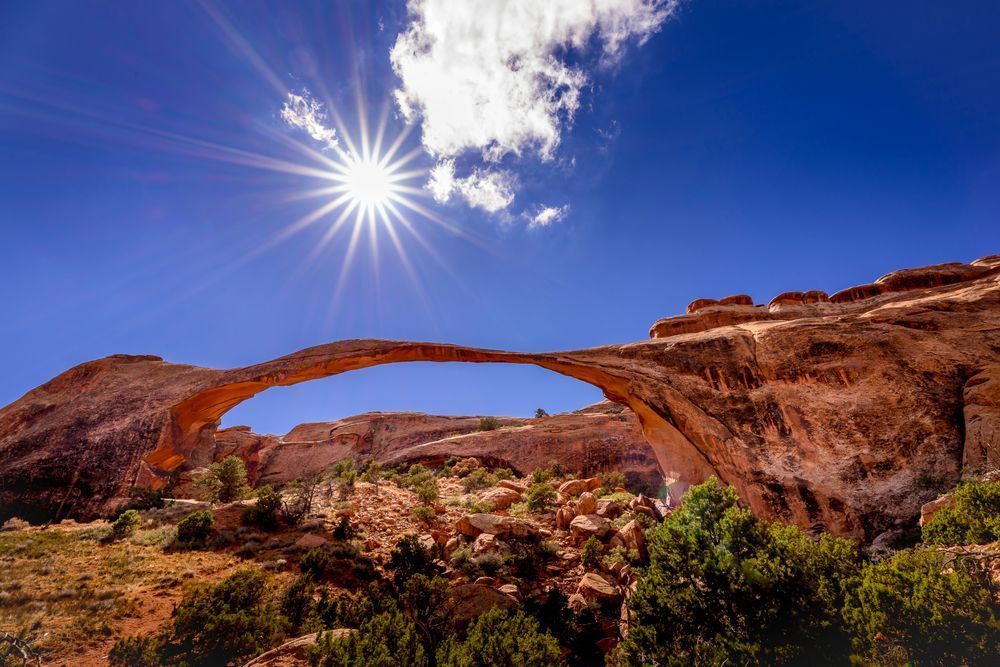 Landscape Arch and Bright Sun in Arches National park, Utah