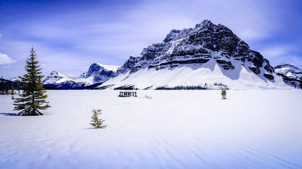 Mount Thompson and Frozen Bow Lake in Banff National Park