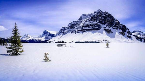 Mount Thompson and Frozen Bow Lake in Banff National Park