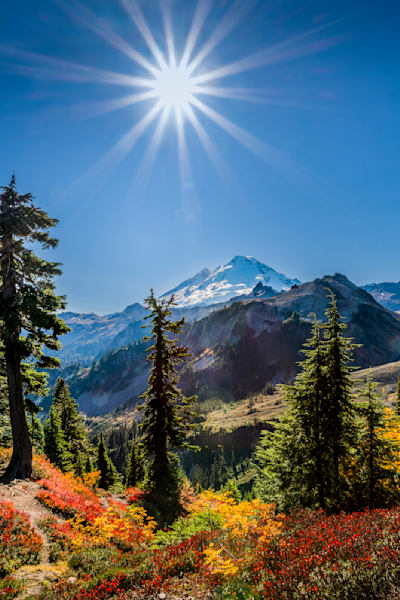Sunrays over Mt. Baker and fall Colors