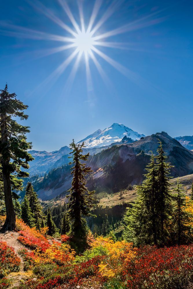 Sunrays over Mt. Baker and fall Colors