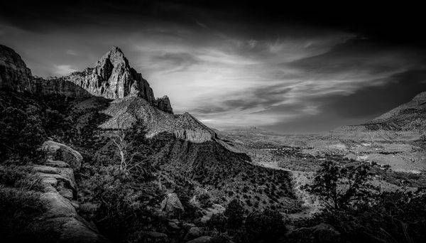 Sunrise over The Watchman in Zion national Park, Utah in BW
