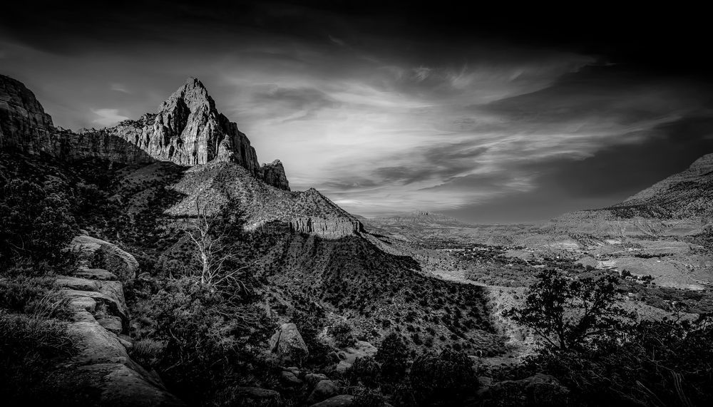 Sunrise over The Watchman in Zion national Park, Utah in BW