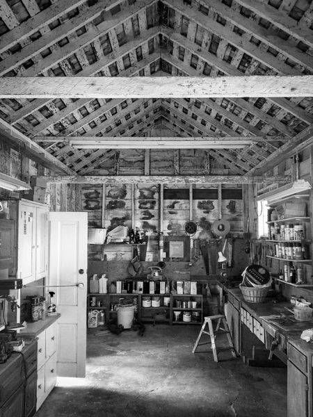 Morning light permeates a tool shed on the Clos Cavanis Farm in Yolo County, California.