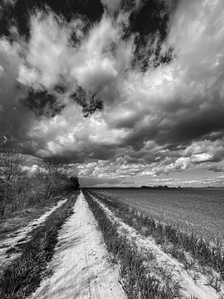 A straight farm path heads toward scattered storm clouds in Yolo County.