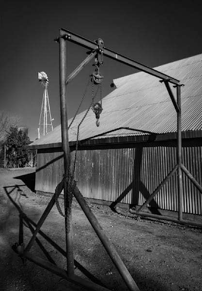 A frame for a block and tackle pulley stands by at the Rominger Brothers Farm in Yolo County, California.