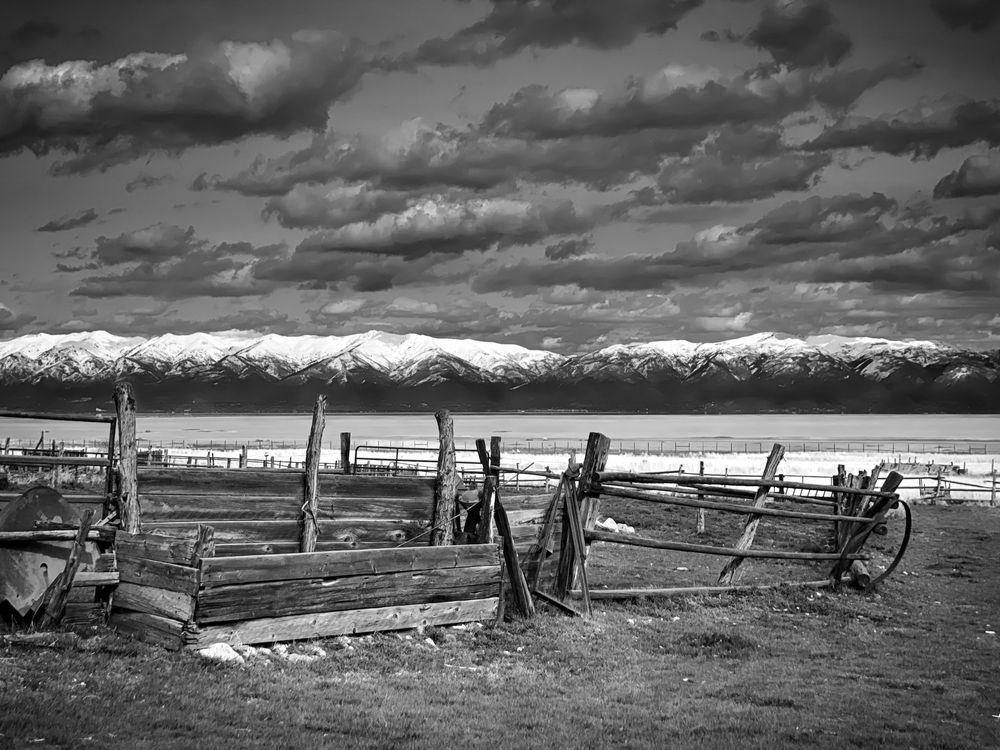 The remnants of a fence lean across the Fielding Garr Ranch on Antelope Island within Great Salt Lake, Utah.