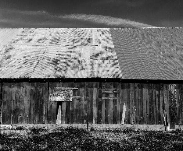 Morning light highlights the weathered texture of a barn at Slaven Ranch, Yolo County, California.