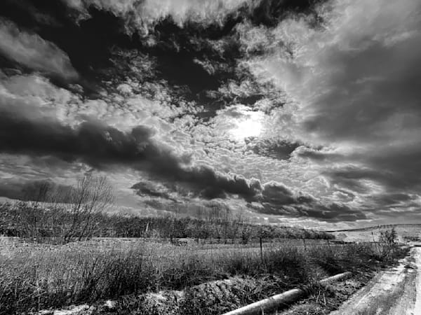 Spring storm clouds seem to race the truck path below an almond orchard at Barrios Farms.