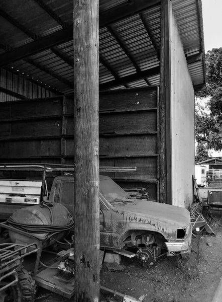 A ranch truck that has outlived its service rests at Pine Trails Horse Ranch, Yolo County, California.