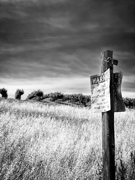 An abused sign serves up a lonely warning on a grassy hill at M3 Ranches in Yolo County, California.