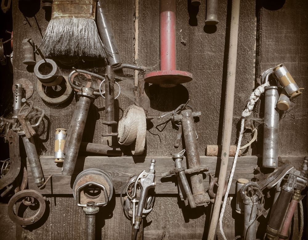 Tools hang ready on a barn in Winters, Yolo County, California.
