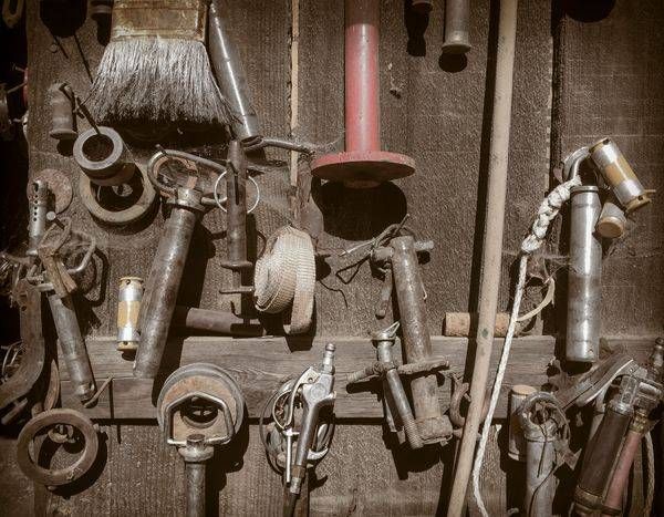 Tools hang ready on a barn in Winters, Yolo County, California.