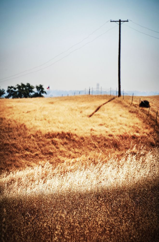 Dried hills at the end of summer seem to glow beneath a power pole at Zamora Hills Ranch.