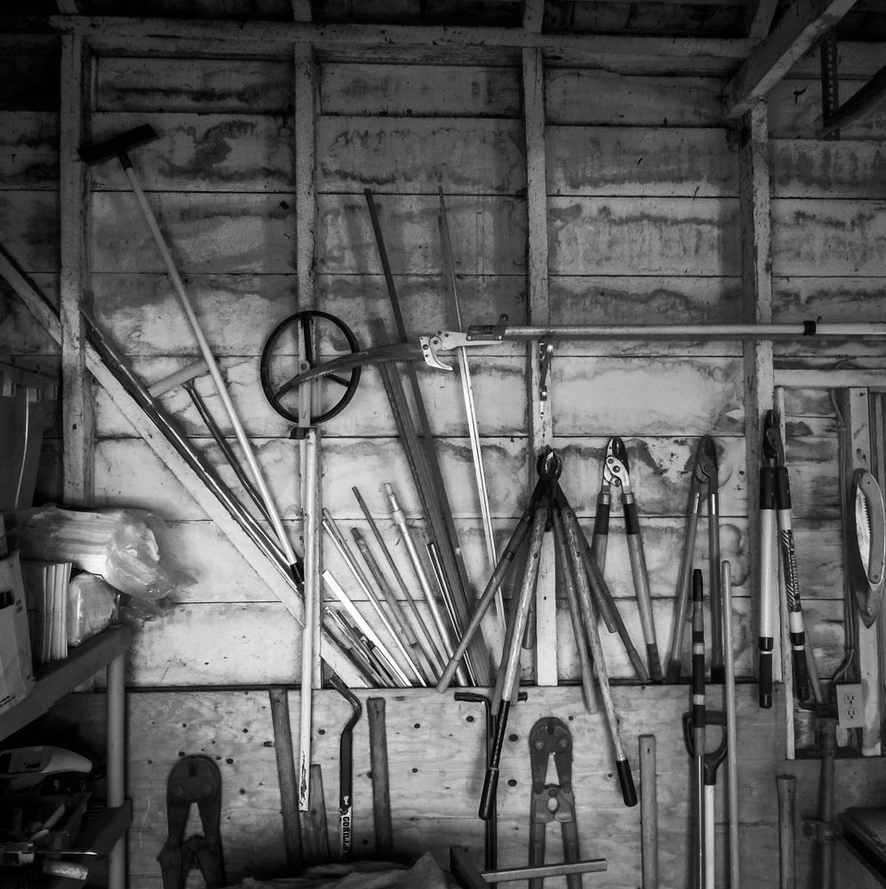 Carefully arranged tools await a day's work on Clos Cavanis Farm in Yolo County, California.