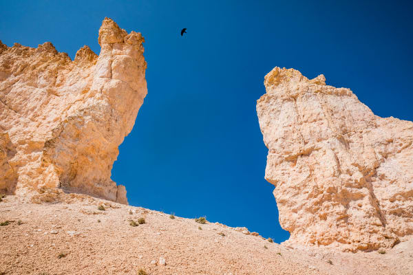 Blue Sky and rock stuctures called hoodoos in Bryce Canyon National Park, Utah, USA.