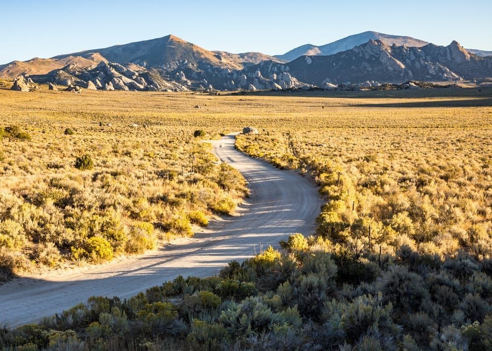 South Twin Sister Road as it winds through the sagebrush towards City of Rocks National Reserve proper, Idaho, USA.