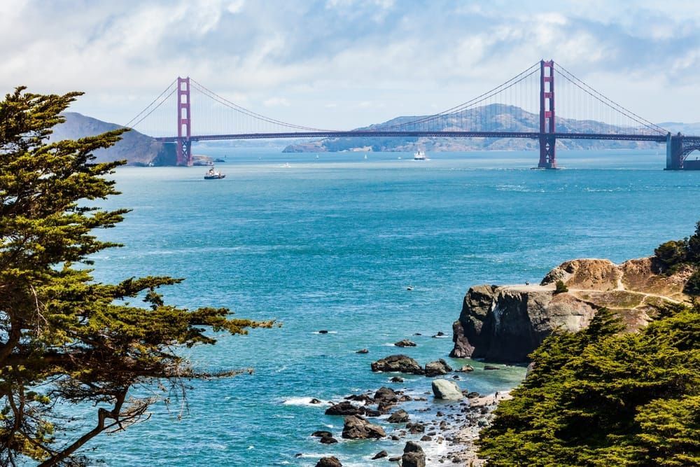 The Golden Gate Bridge. San Fransisco, California, USA. Looking across South Bay from Lands End Lookout.