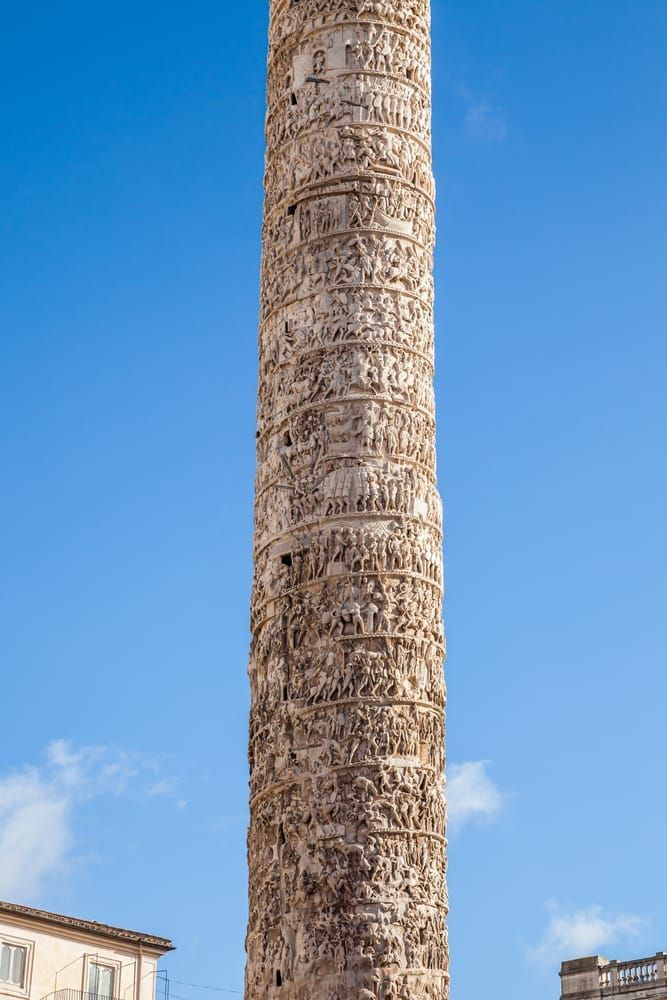 Column of Marcus Aurelius, Rome Italy. 193 AD. It stands 130 feet tall and the carvings in the 27 blocks of hollowed out Carrara marble tell the story of Marcus Aurelius and the wars he waged (Danubian Wars).