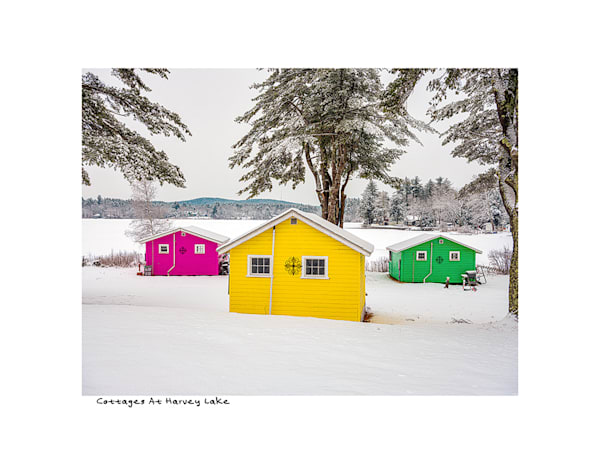 Cottages at Harvey Lake – Colorful Lakeside Cabins in Snow, Fine Art Winter Photography
