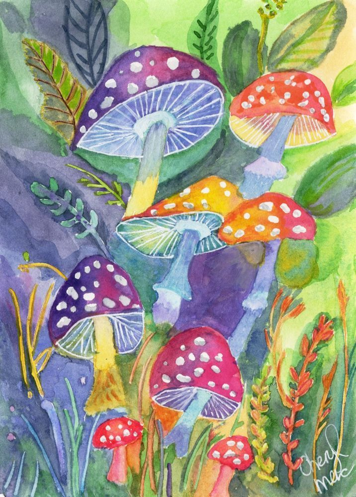 Mushroom Forest Watercolor Artwork with Colourful Caps