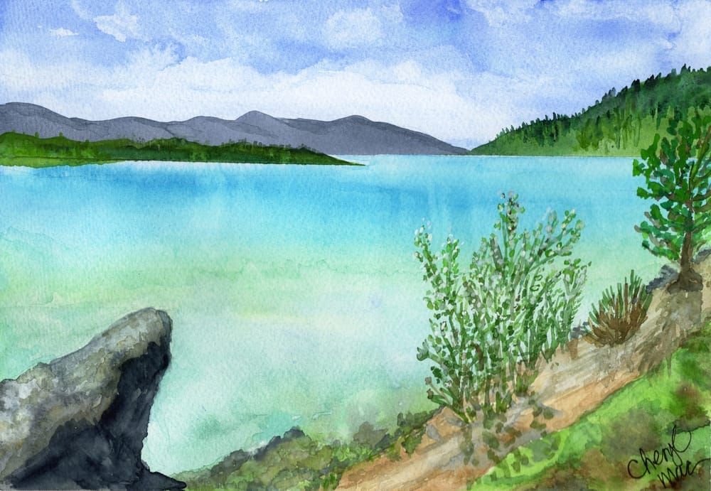 Kalamalka Lake Watercolour Painting — Turquoise Lake Landscape Art Print