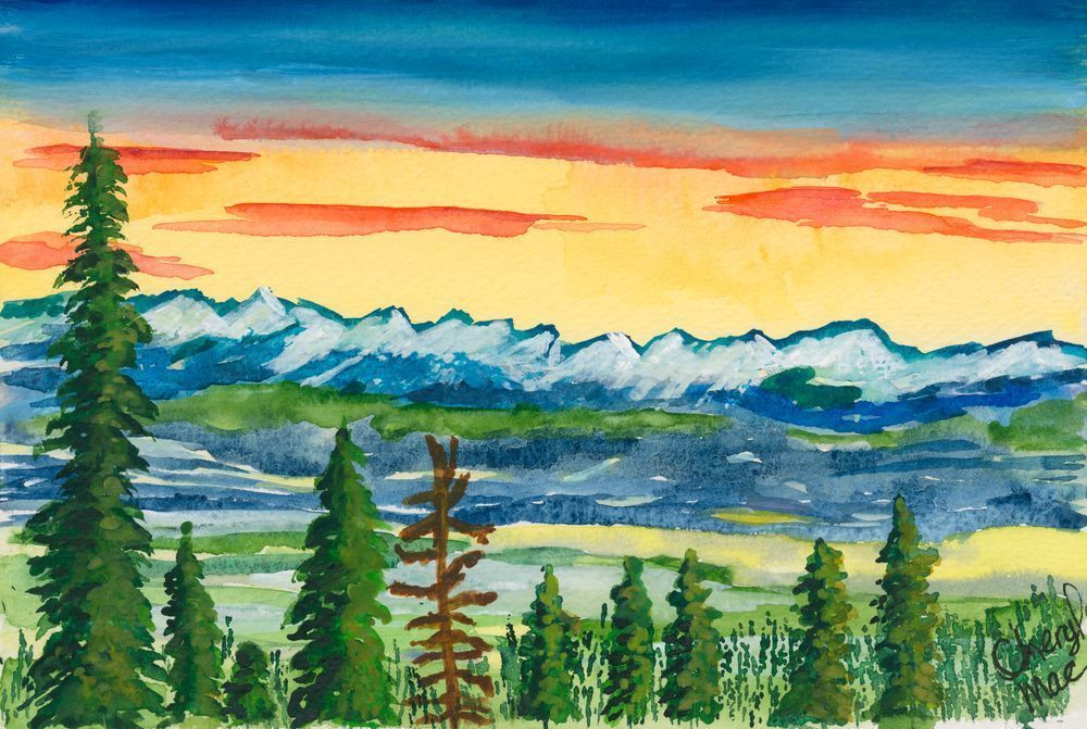 Monashee Mountains Summer Sunrise Watercolour 