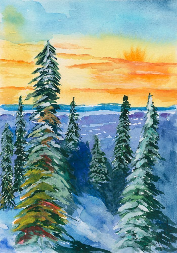 Snowy Trees at Sunrise Over Monashees- Watercolour Art