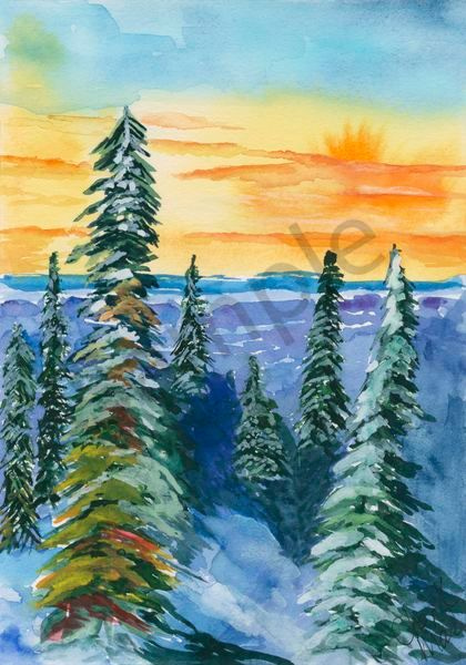 Snowy Trees at Sunrise Over Monashees- Watercolour Art