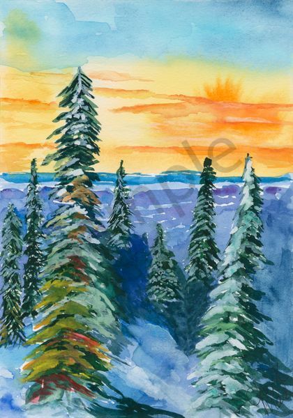 Snowy Trees at Sunrise Over Monashees- Watercolour Art