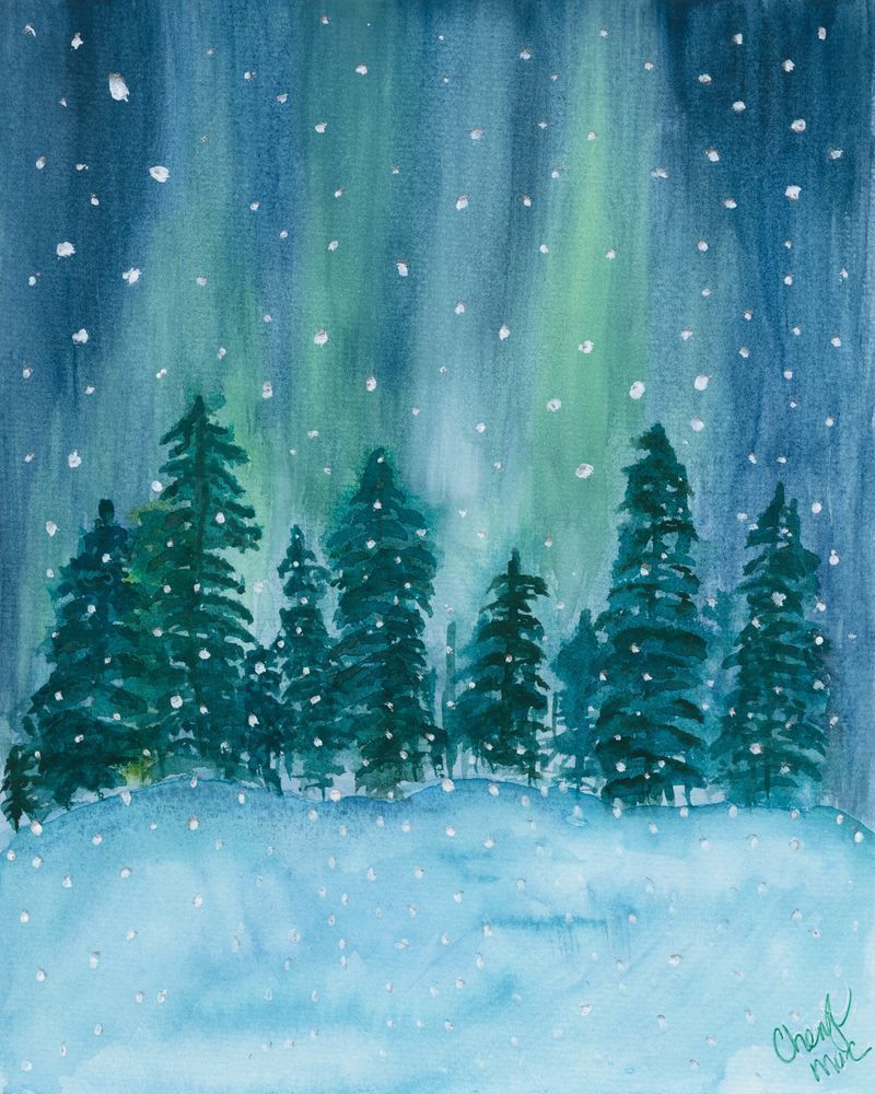 A Symphony of Blues and Greens Watercolour: Winter's Tranquil Forest