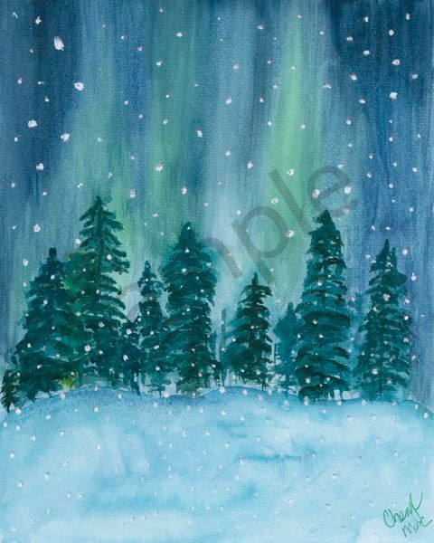 A Symphony of Blues and Greens Watercolour: Winter's Tranquil Forest