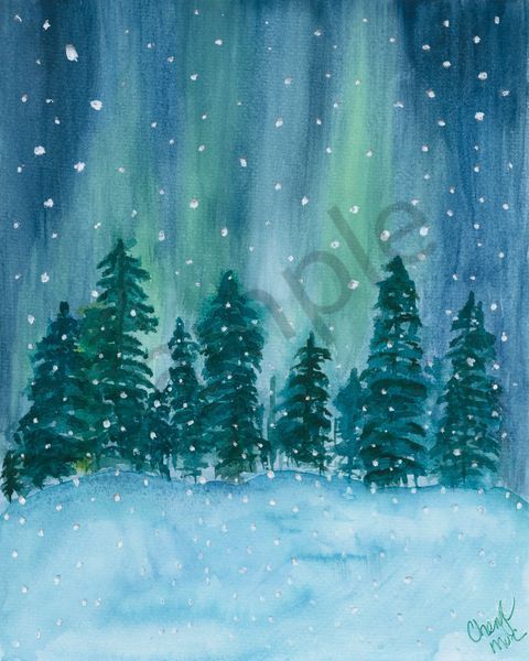 A Symphony of Blues and Greens Watercolour: Winter's Tranquil Forest