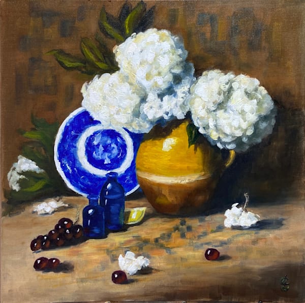 Yellow Jug With Blue Plate Art | Sarah Lucy Lee