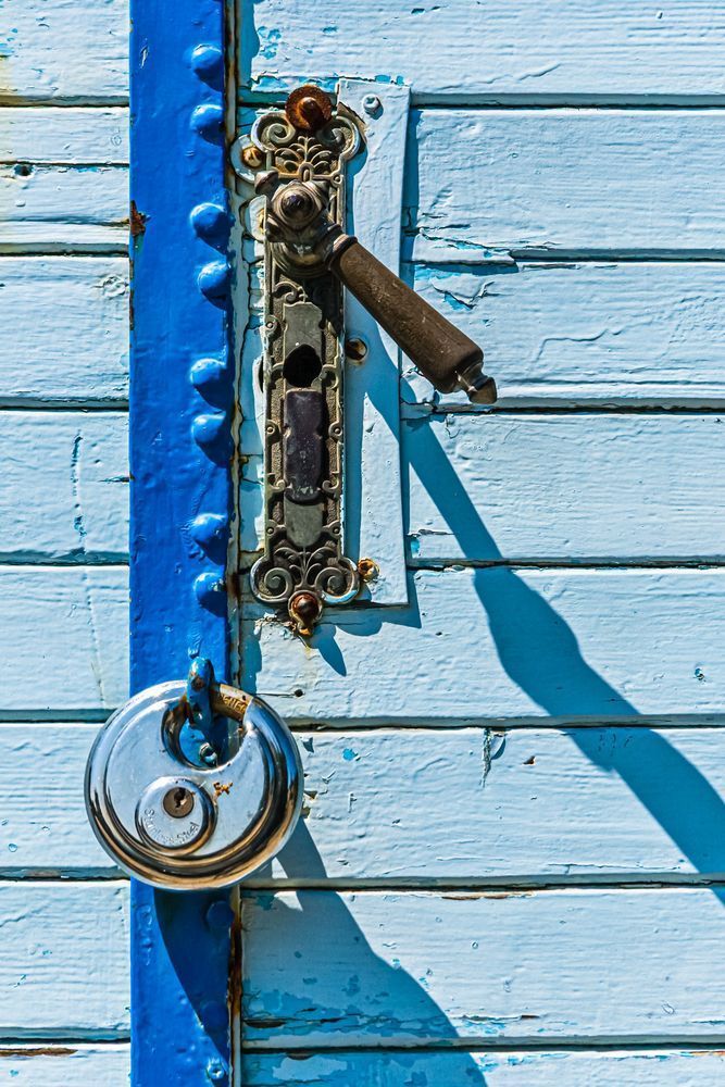 Blues of the doors - Decorative wall art combining geometry, texture, and light